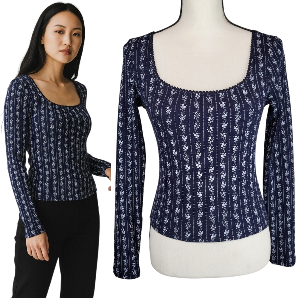 H&M Divided Navy Blue White Floral Stripe Ribbed Tee Long Sleeve Cottagecore M